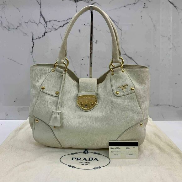 Prada Designer Cream Vitello Daino Leather Push Lock Antic Hobo Bag Purse Bag - Picture 1 of 8